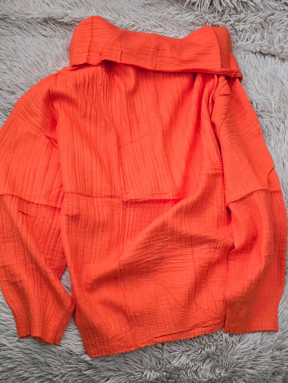 Ribbed Off-Shoulder Cowl Neck Sweater - Orange #1305 - Picture 4 of 7